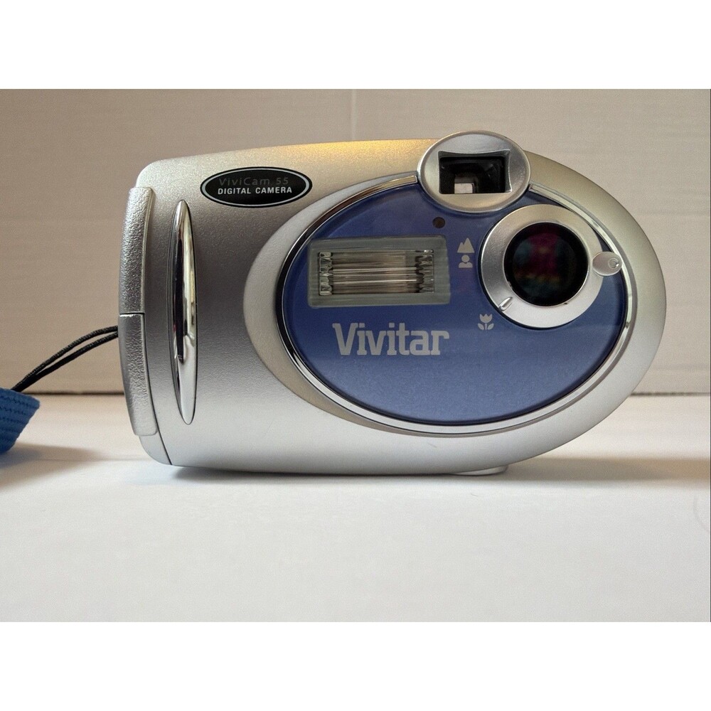 Vivitar Vivicam 55 Silver/Blue Tested & Working W/new Batteries. Lanyard